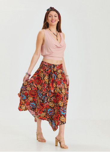 Black Patterned Printed Skirt with Gipe Detail and Tied Waist 4506